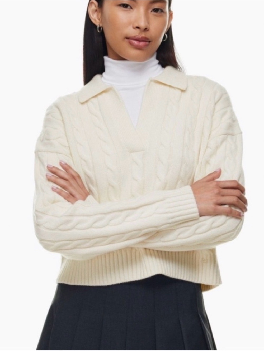 Sunday Best Cream Cable-Knit Polo V-Neck Sweater